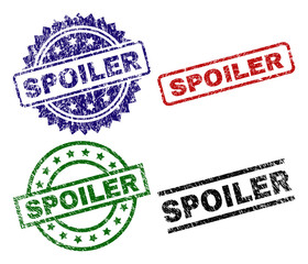 SPOILER seal prints with corroded style. Black, green,red,blue vector rubber prints of SPOILER text with dirty style. Rubber seals with circle, rectangle, medal shapes.