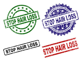 STOP HAIR LOSS seal prints with distress style. Black, green,red,blue vector rubber prints of STOP HAIR LOSS label with scratched texture. Rubber seals with round, rectangle, medal shapes.