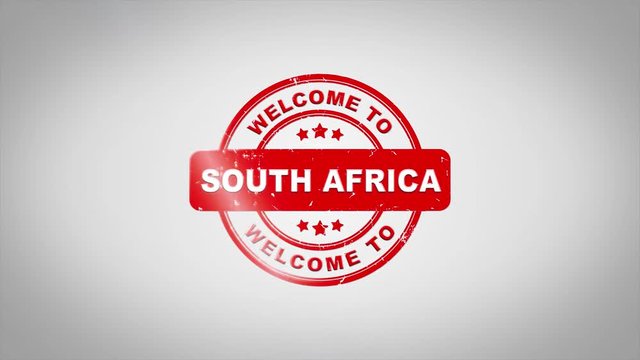 Welcome to SOUTH AFRICA Signed Stamping Text Wooden Stamp Animation. Red Ink on Clean White Paper Surface Background with Green matte Background Included.
