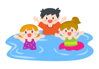 Happy Children, Boys and Girls Swimming at Beach or Pool, Summer Outdoor Activities