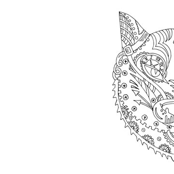 Wild beautiful wolf head hand draw on a white background. Color book. Fashion steam punk style in a vector illustration