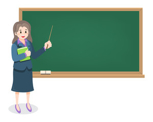 Young female teacher on lesson with chalkboard, teaching illustration