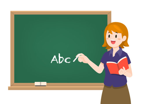 Young female teacher on lesson with chalkboard, teaching illustration