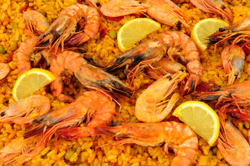 Fresh seafood paella with shell on prawns background