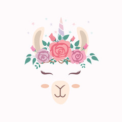 Cute llama head with unicorn horn. © yuthana Choradet