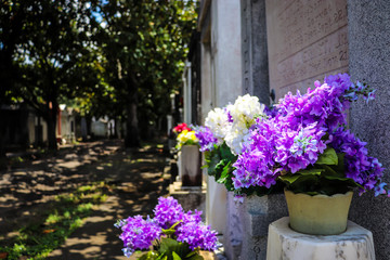 Fototapeta na wymiar General angled view of old antique cemetery with raised crumbling sepulchers and blue skies