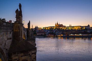 Charles Bridge with skyline of Prague in Czech Republic at twilight