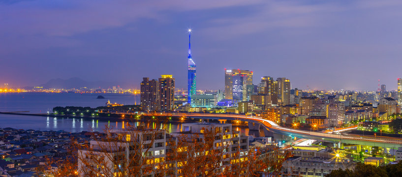 Panorama view of Hakata cityscape skyline in Fukuoka, Japan