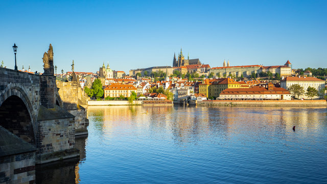 Prague city skyline with view of Vltava River in Prague, Czech Republic