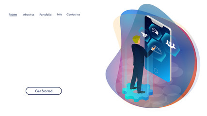 Concept of digital technology. Businessman, icons. 3d isometric flat design. Vector illustration.