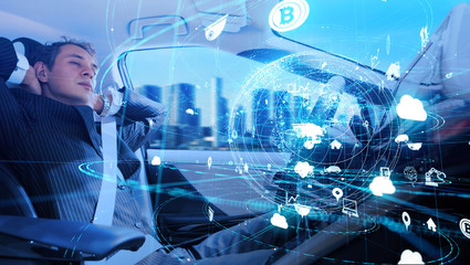 Automotive technology concept. IoT(Internet of Things). Autonomous car. Driverless vehicle.