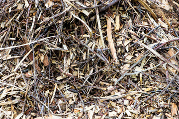 Various brown shades of wooden mulch texture with bark and lumber pieces