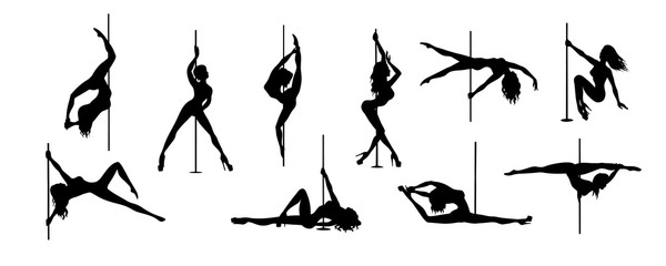 set of vector silhouette of girl and pole on a white background. Pole dance illustration for fitness, striptease dancers, exotic dance. Illustration EPS10 for logotype, badge, icon, logo, banner, tag.
