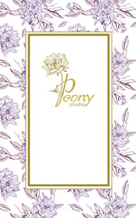 Brochure flyer design template with purple peony  flowers on white background. Romantic design for natural cosmetics, perfume, women products. Can be used as greeting card or wedding invitation.
