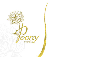 Peony logo.  Business cards design template with monogram letter P and gold peony  flowers on white background. Romantic design for natural cosmetics, perfume, women products. Peony studio.