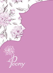 Peony beauty salon. Banner for beauty salon, hotel salon beauty resort and spa. Design with illustration of young girl against a background of peony flowers. Negative space – trend.