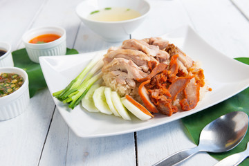 Hainanese chicken rice , gourmet steamed chicken with rice