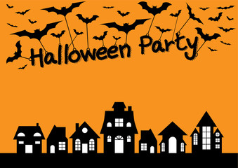 Happy Halloween spider web, spiders and house on orange moon background for greeting card, poster, banner, Vector illustration