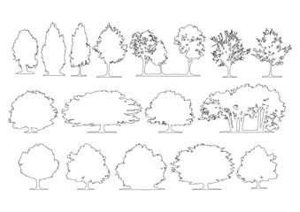 Set of side view graphics trees elements outline symbol for architecture and landscape design drawing. Vector illustration