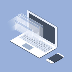 Isometric laptop and opened windows - software development and internet concept
