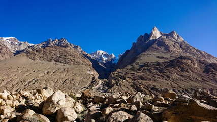 Trekking along in the Karakorum Mountains in Northern Pakistan, Landscape of K2 trekking trail in Karakoram range, Baltistan, Pakistan