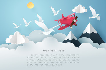 Paper art bird and airplane fly above the cloud, travel and freedom concept - 222577365