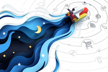 Paper art of spaceship fly to explore, social media marketing concept and start up business idea