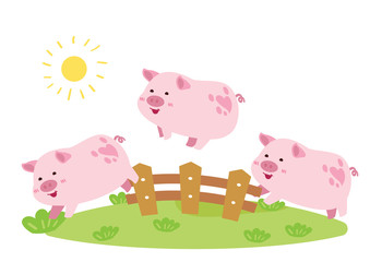 happy pig jumping over the fence