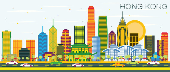 Fototapeta premium Hong Kong China City Skyline with Color Buildings and Blue Sky.