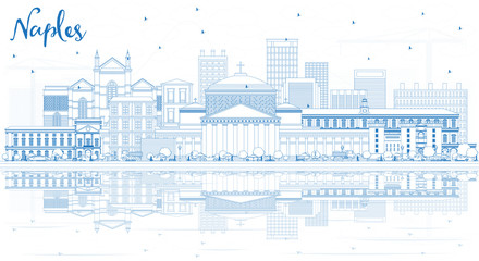 Obraz premium Outline Naples Italy City Skyline with Blue Buildings and Reflections.