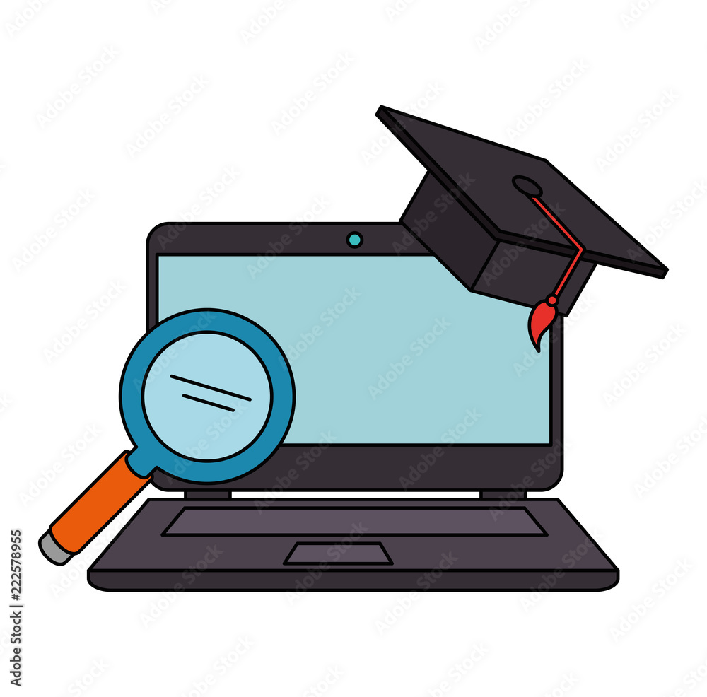 Wall mural laptop with magnifying and hat graduation