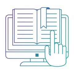 text book with computer and hand