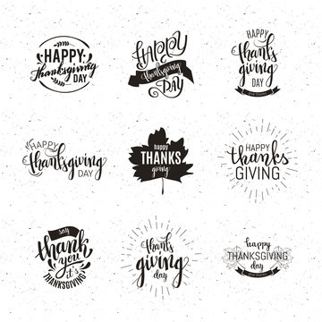 Happy Thanksgiving emblems set, brush pen calligraphy, vector illustration