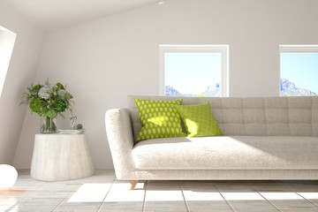 Idea of white minimalist room with sofa. Scandinavian interior design. 3D illustration