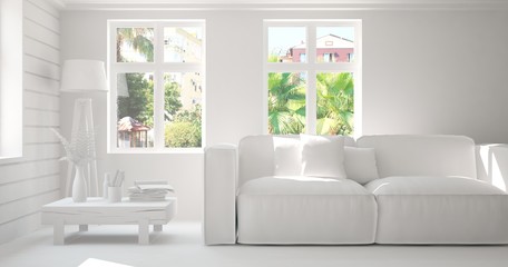 White room with sofa and green landscape in window. Scandinavian interior design. 3D illustration