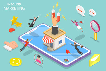 Isometric flat vector concept of digital inbound marketing strategy, leads generating, customer attraction and retention.