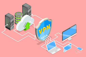 Isometric flat vector concept of VPN protection, cyber security, traffic encryption, virtual private network.