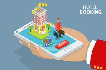 Flat isometric vector concept of hotel search, booking online, apartment reservation.