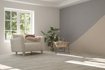 White room with armchair and green landscape in window. Scandinavian interior design. 3D illustration