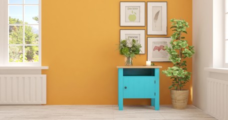 White empty room with shelf and summer landscape in window. Scandinavian interior design. 3D illustration