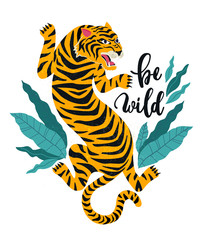 Naklejka premium Bądź dziki. Ilustracja wektorowa tygrysa z tropikalnymi liśćmi. Modny design na karty, plakaty, koszulki i inne zastosowania.