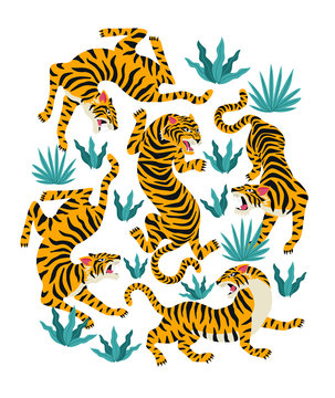 Vector set of tigers and tropical leaves. Trendy illustration.