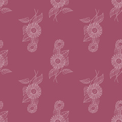 Seamless floral pattern. Autumn background of sunflowers. White line drawing on dark background. Hand drawn vector.