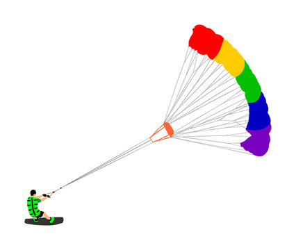 Man riding kiteboard vector. Extreme water sport kiteboarding with parachute. Kite surfer on waves. Kite surfing on beach, enjoying in summer holiday time. Kitesurfer.