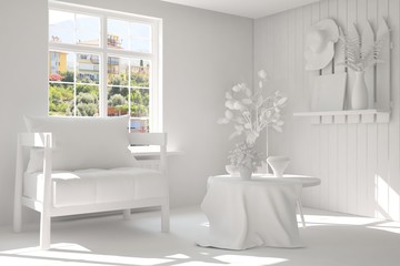 White room with armchair and green landscape in window. Scandinavian interior design. 3D illustration