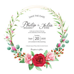 Beautiful red and pink floral, flower wedding invitation card on white background. Vector, water color. Rose, magnolia, silver dollar plant.