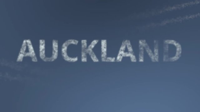 Flying airplanes reveal Auckland caption. Traveling to New Zealand conceptual intro animation