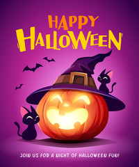 Obraz premium Happy Halloween. Halloween pumpkin. Black Cat and Jack O Lantern Pumpkin with witch hat.