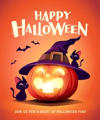 Foto op Plexiglas Happy Halloween. Halloween pumpkin. Black Cat and Jack O Lantern Pumpkin with witch hat. © ori-artiste
