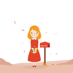Red Girl Waiting Mail with Mail Box Character Vector Illustration